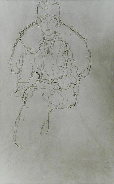 Istuva nainen turkiskääreellä ja päähineellä tekijältä Gustav Klimt
