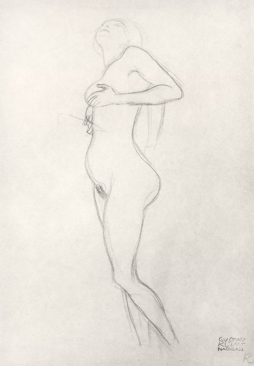 Seisova alaston tyttö katselee ylös tekijältä Gustav Klimt