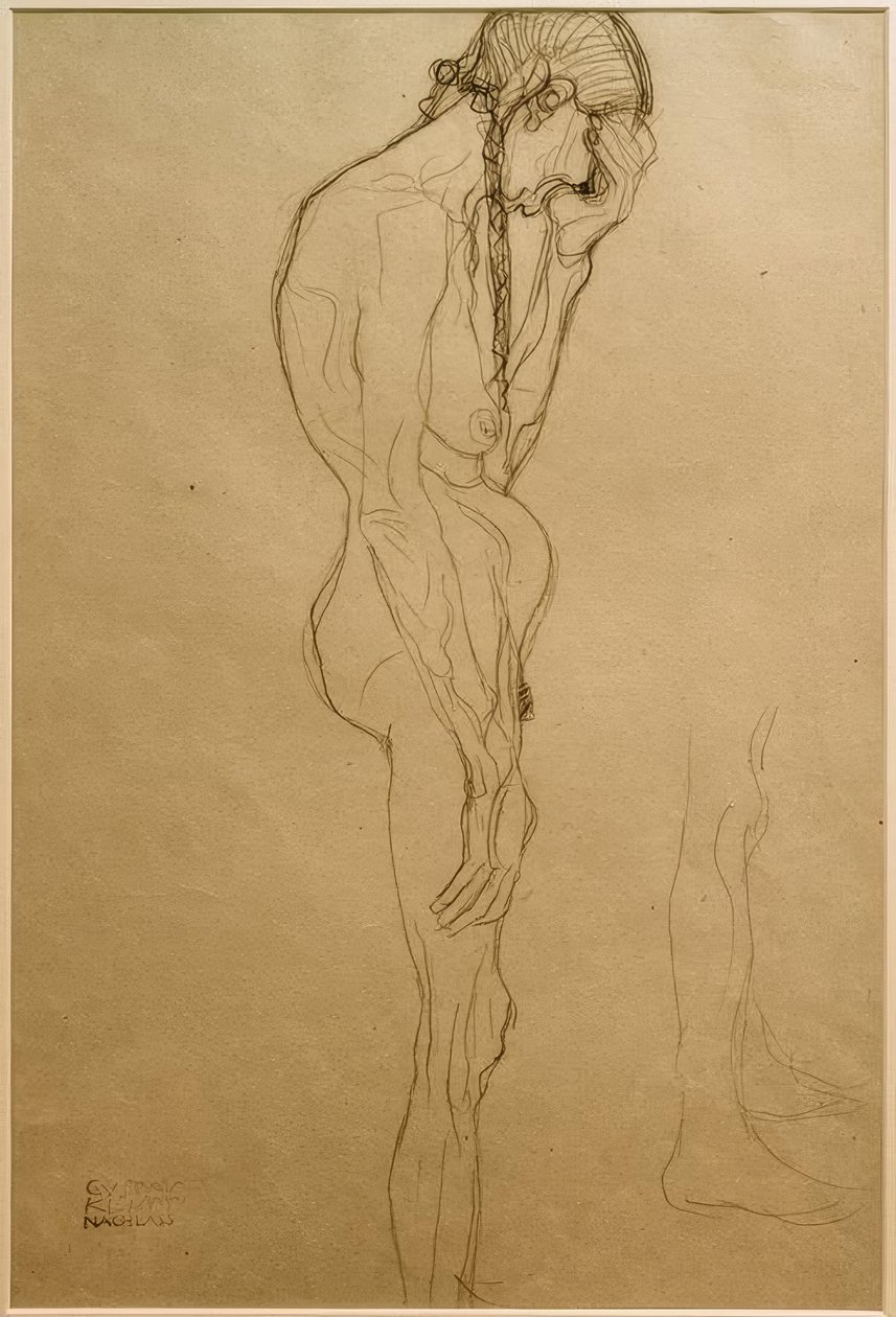 Stehende alte Frau im Profil nach rechts, Beinstudie tekijältä Gustav Klimt