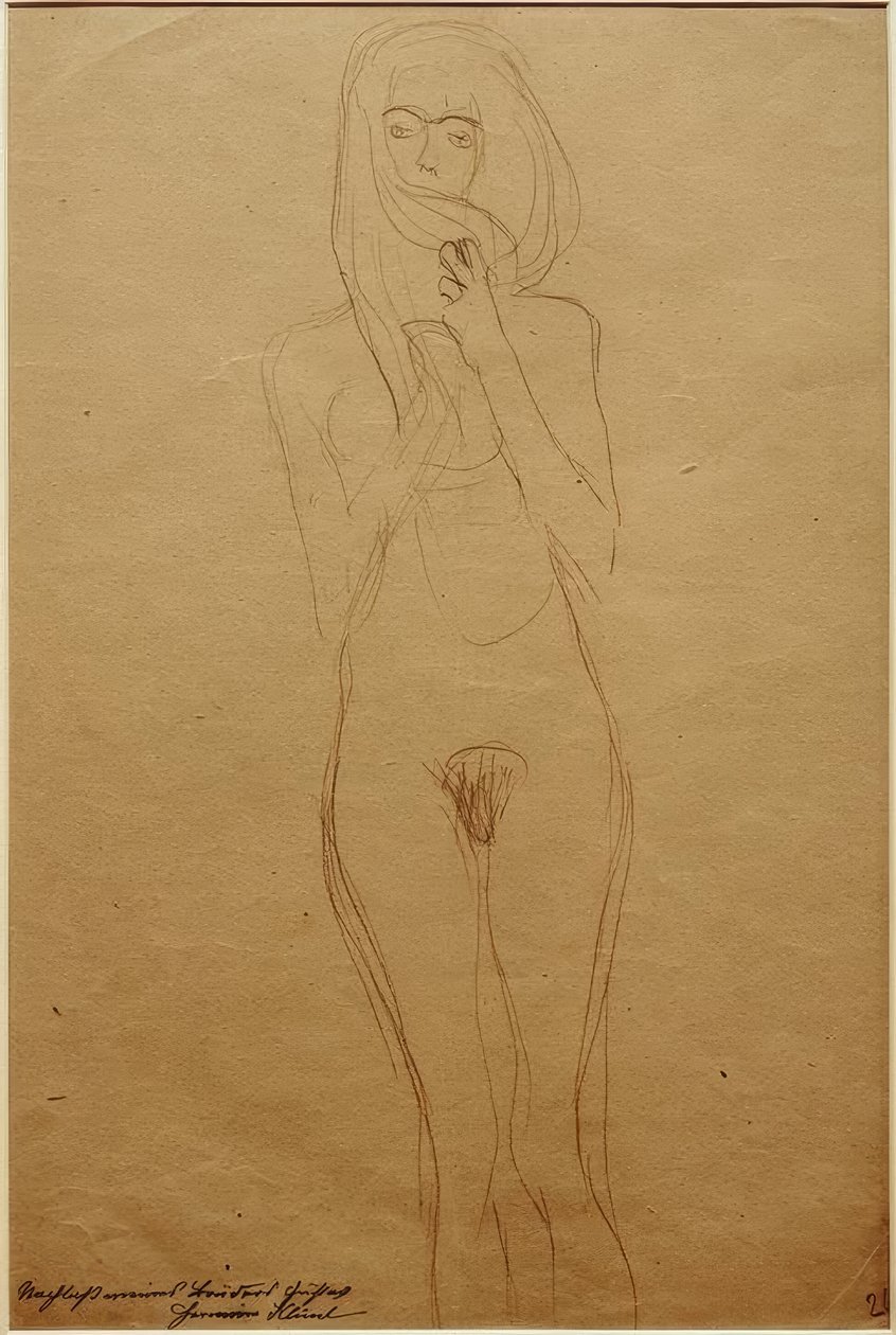 Seisova nainen alasti, suu hiusten peitossa tekijältä Gustav Klimt