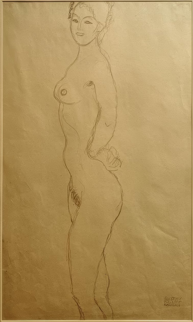 Nainen seisoo alasti vasemmalla, käsi kädessä... tekijältä Gustav Klimt
