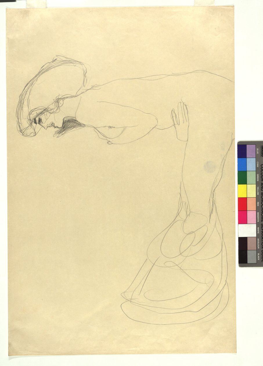 Studie zu einer nach vorne gebeugten weiblichen Gestalt im Profil nach links tekijältä Gustav Klimt