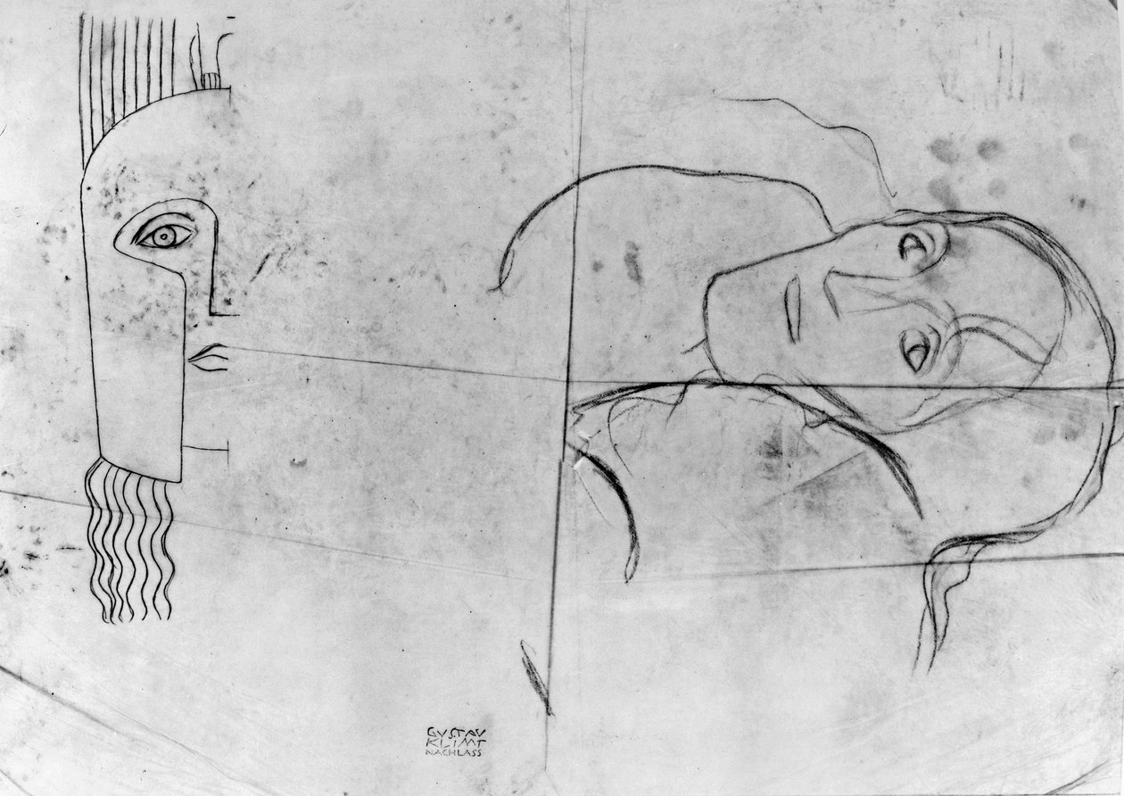 Tutkimuksia Ver Sacrum 1900 - Pallas Athene ja traaginen pää, 1897-98 (lyijykynä ja sininen väriliitu kuultopaperille). tekijältä Gustav Klimt
