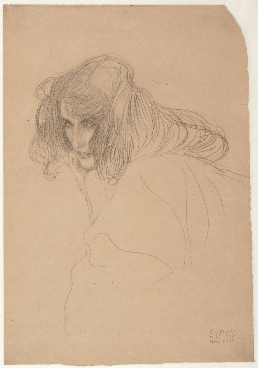 Tutkimus naisen päästä kolmen neljäsosan profiilissa Tutkimus siveettömyydestä Beethoven Friezessä, n. 1901-1902 tekijältä Gustav Klimt