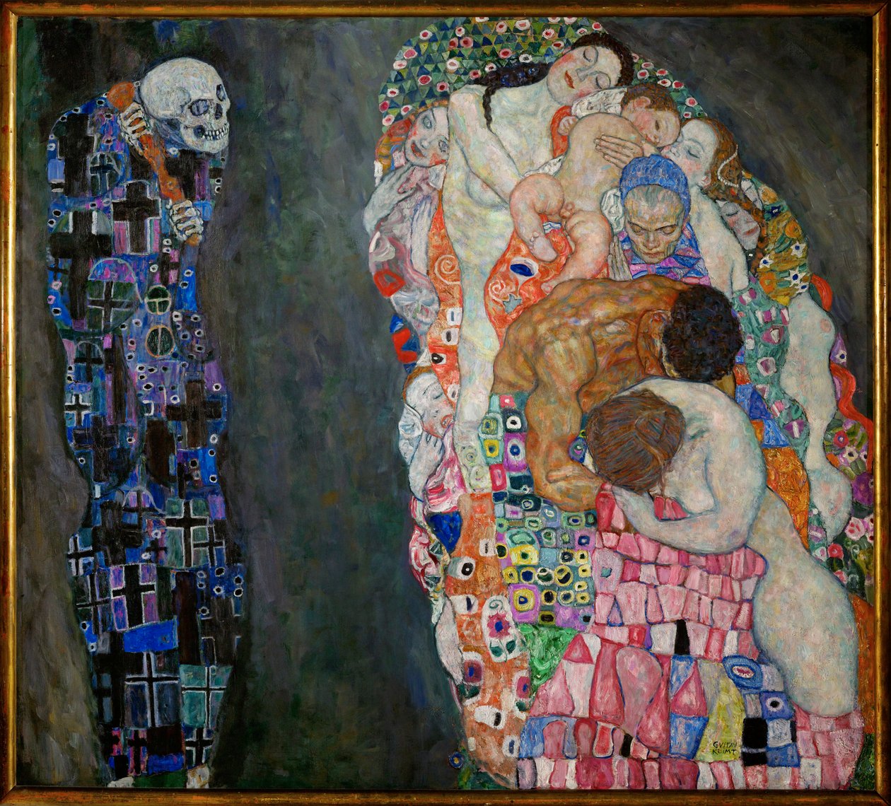 Tod und Leben, valmistunut 1915 (öljy kankaalle) tekijältä Gustav Klimt