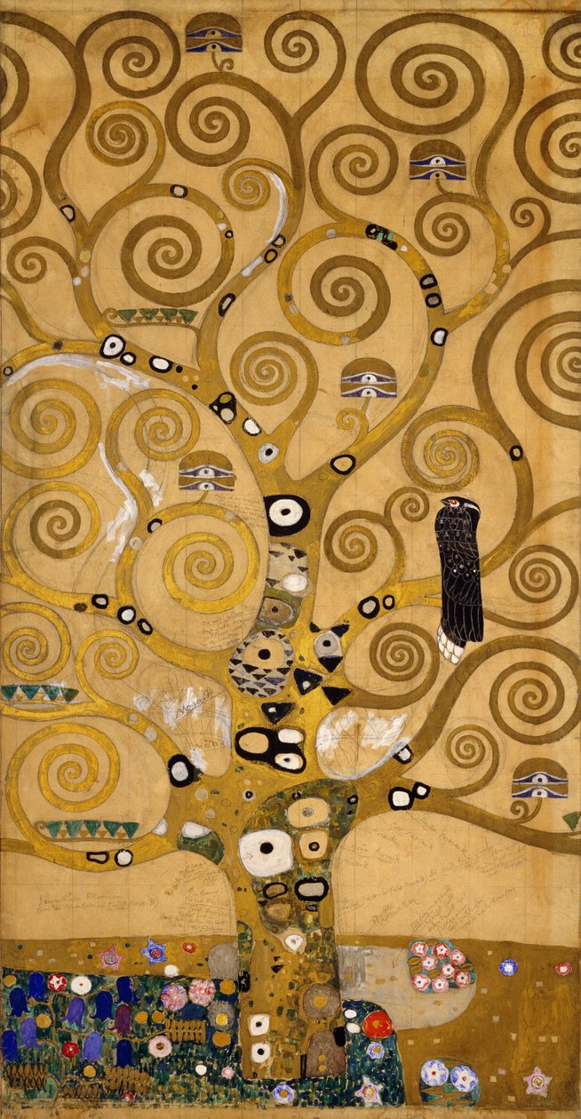 Elämänpuu (Stoclet Frieze) yksityiskohta vasemmasta reunasta, n. 1905-09 (tempera & akvarelli) tekijältä Gustav Klimt