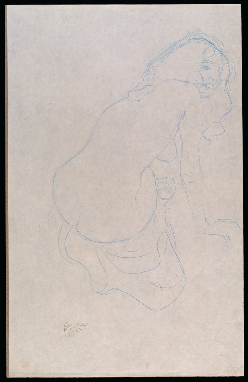 Oikealle nojaava nainen, pitkät hiukset, n. 1910-11 tekijältä Gustav Klimt
