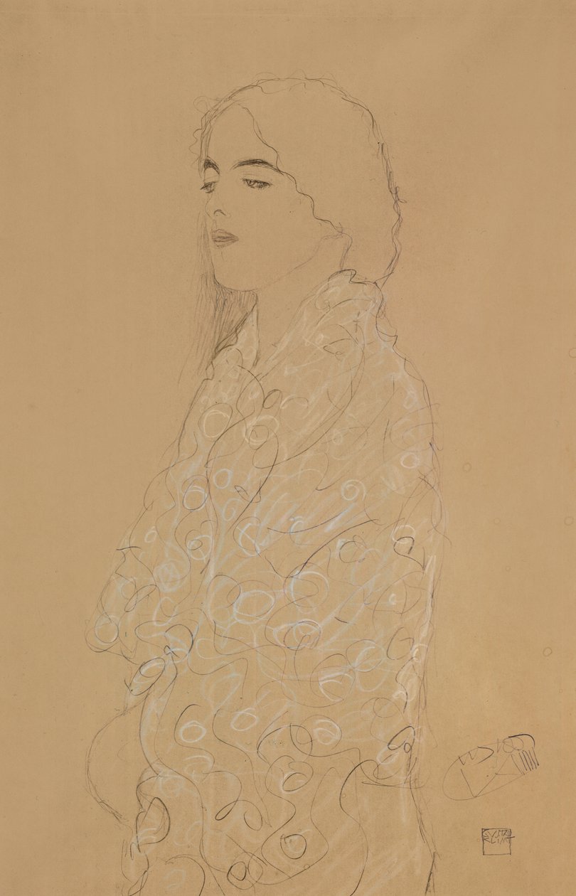 Nainen valkoisella huivilla (kynä valkoisella ja punaisella liidulla paperilla) tekijältä Gustav Klimt