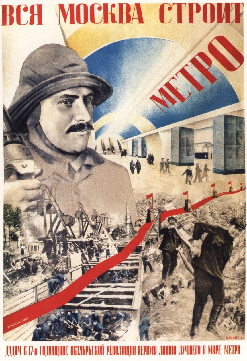 Koko Moskova rakentaa Metro-julisteen, 1934 tekijältä Gustav Klutsis