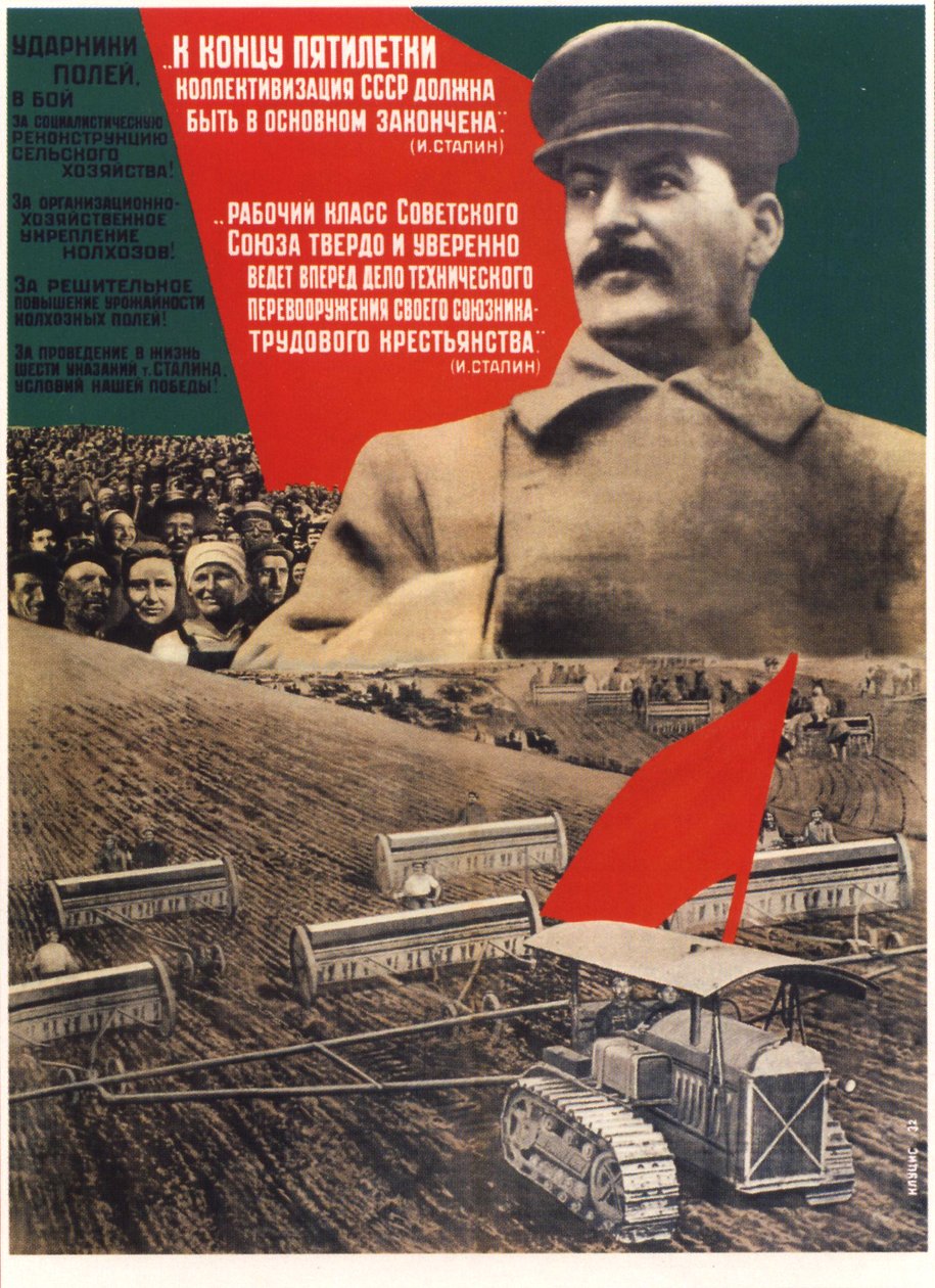 Viiden vuoden suunnitelman loppuun mennessä kollektivisoinnin pitäisi olla valmis Juliste, 1932 tekijältä Gustav Klutsis