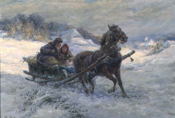 Rekiajelu talvella (öljy paneelissa) tekijältä Gustav Prucha