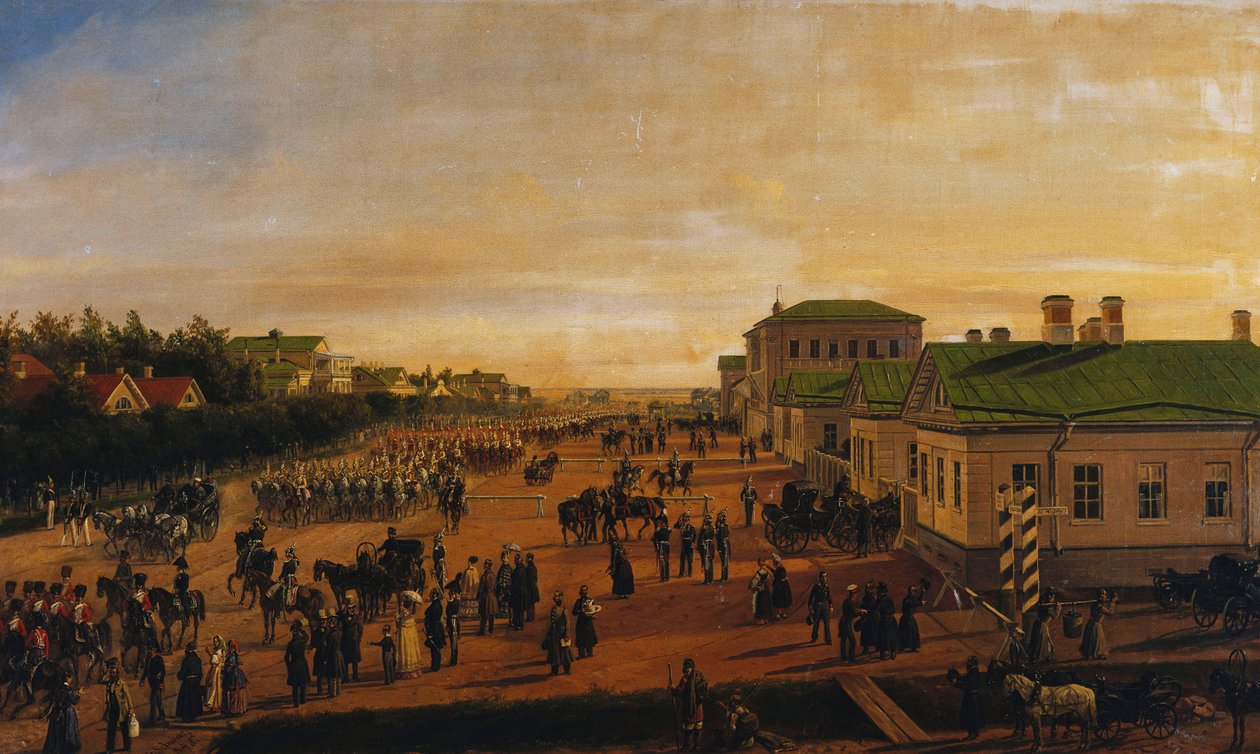 Tsaari Nikolaus palaamassa sotilasparaatista Krasnoe Selosta, 1848 tekijältä Gustav Schwarz