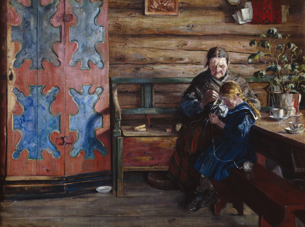 Maatilan sisustus tyttärentyttären kanssa (öljy kankaalle) tekijältä Gustav Wentzel