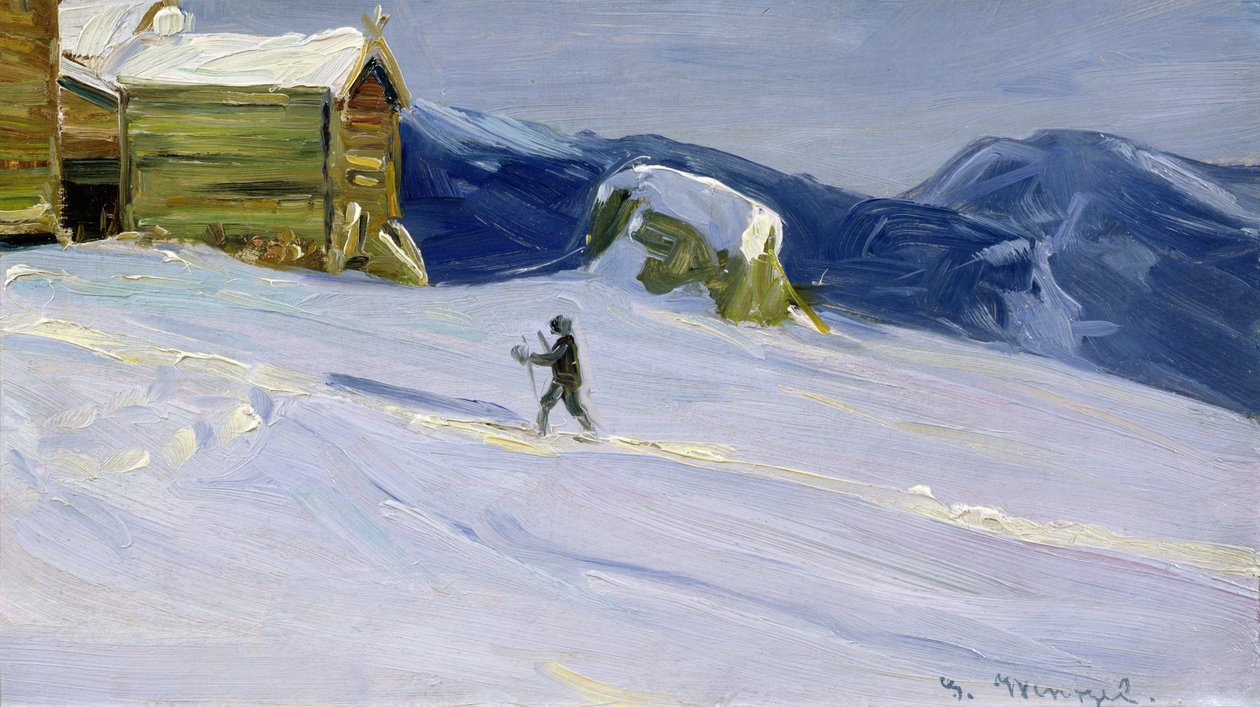 Talvi-ilta Vagassa hiihtäjän kanssa (öljy kankaalle) tekijältä Gustav Wentzel