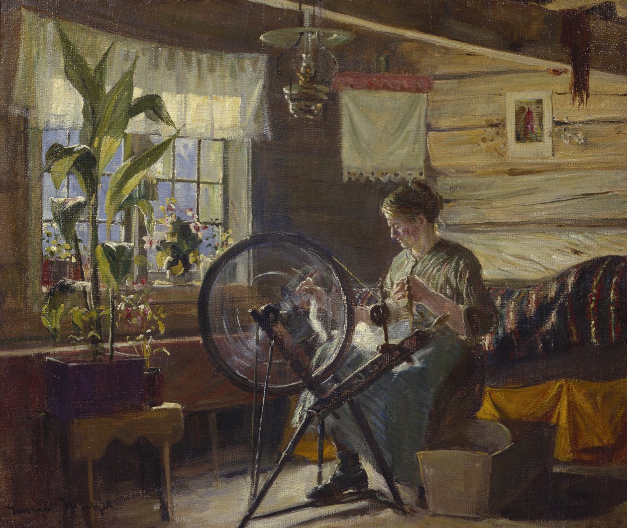 Nainen maalaistalon sisustuksessa (oi kankaalle) tekijältä Gustav Wentzel
