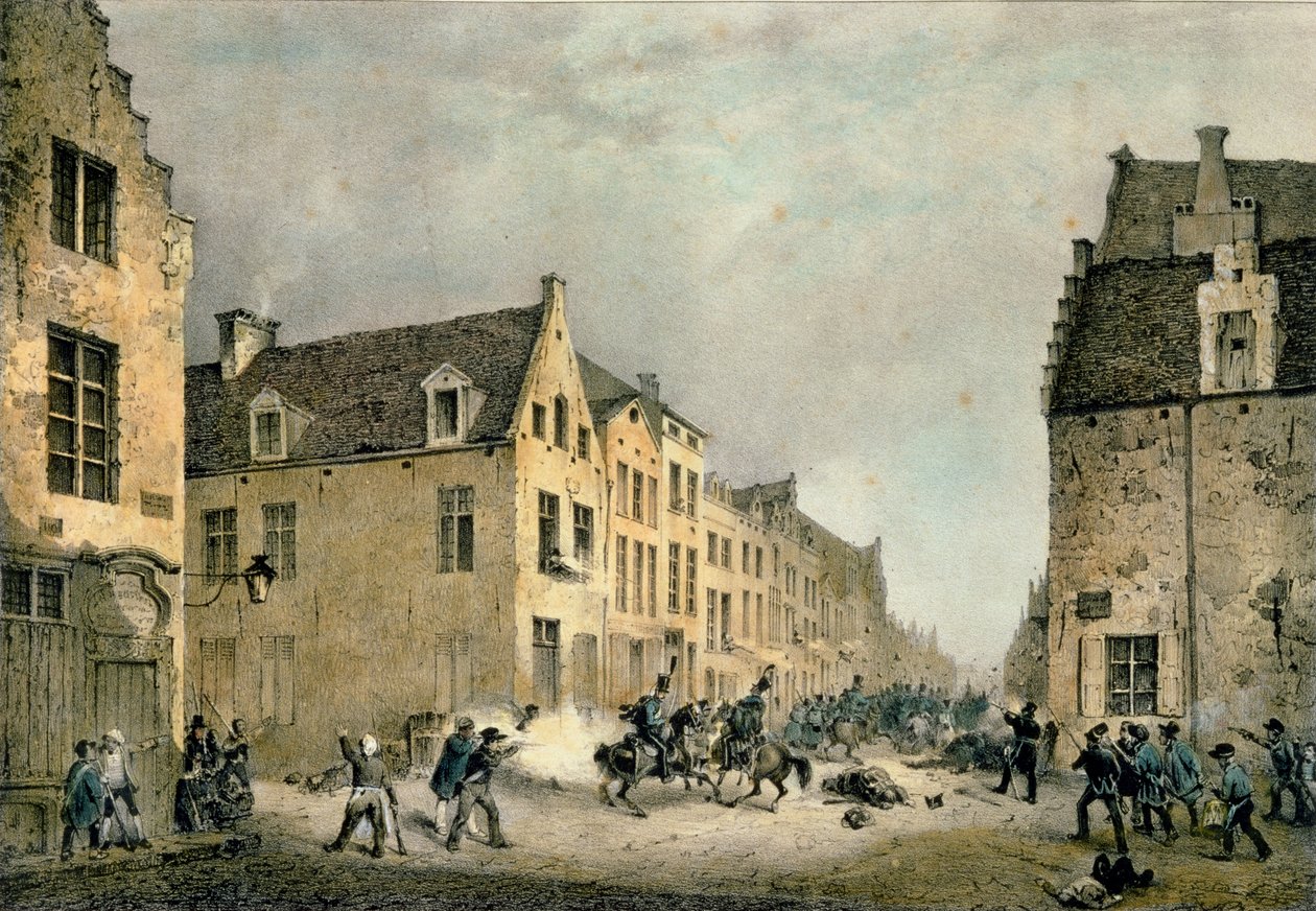 Hollantilaisen divisioonan poikkeama Porte de Flandressa, Brysselissä, 23. syyskuuta 1830, kaiverrus Jean Baptiste Madou (1796-1877) tekijältä Gustave Adolphe Simoneau