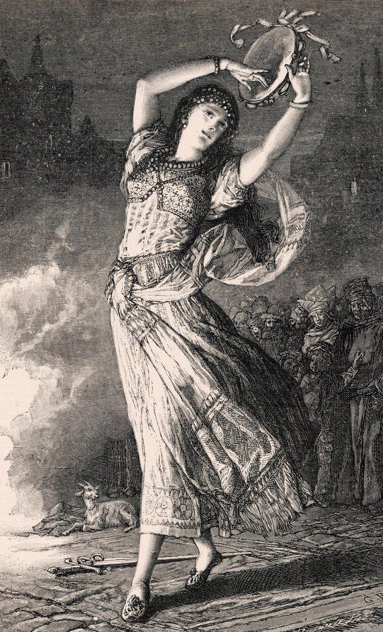 La Esmeralda - kuvitus Notre Dame de Parisista, 1800-luku (bw-kaiverrus) tekijältä Gustave Brion