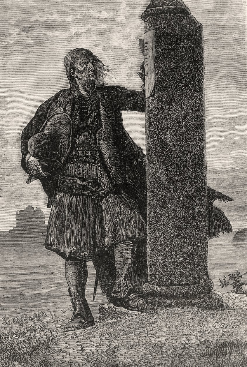 Lantenacin markiisi lukee pylväässä pidätysmääräyksen - kuva Quatre Vingt Treizesta, 1800-luku (bw-kaiverrus) tekijältä Gustave Brion