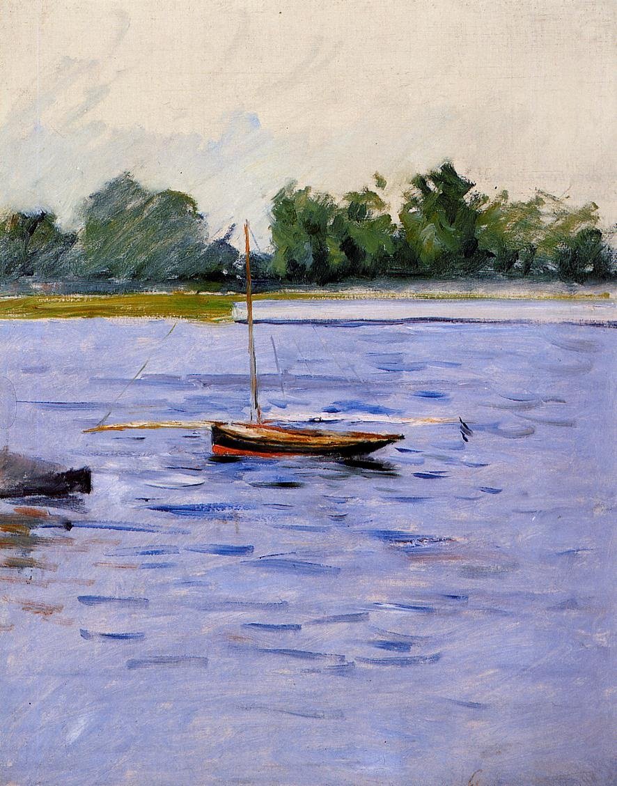 Vene ankkurissa Seinen rannalla tekijältä Gustave Caillebotte