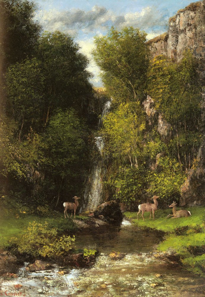 Peuraperhe maisemassa vesiputouksen kanssa tekijältä Gustave Courbet