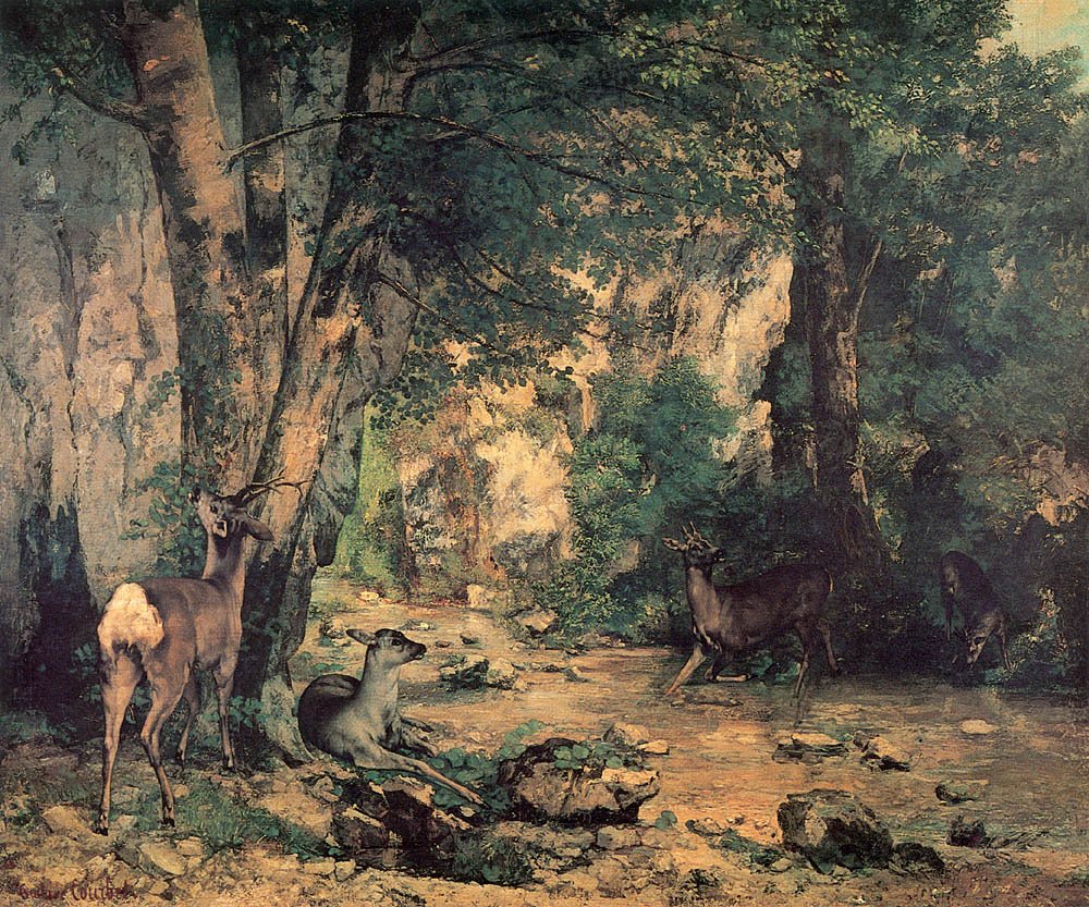 Hirven paksu Plaisir-Fountainen virrassa tekijältä Gustave Courbet