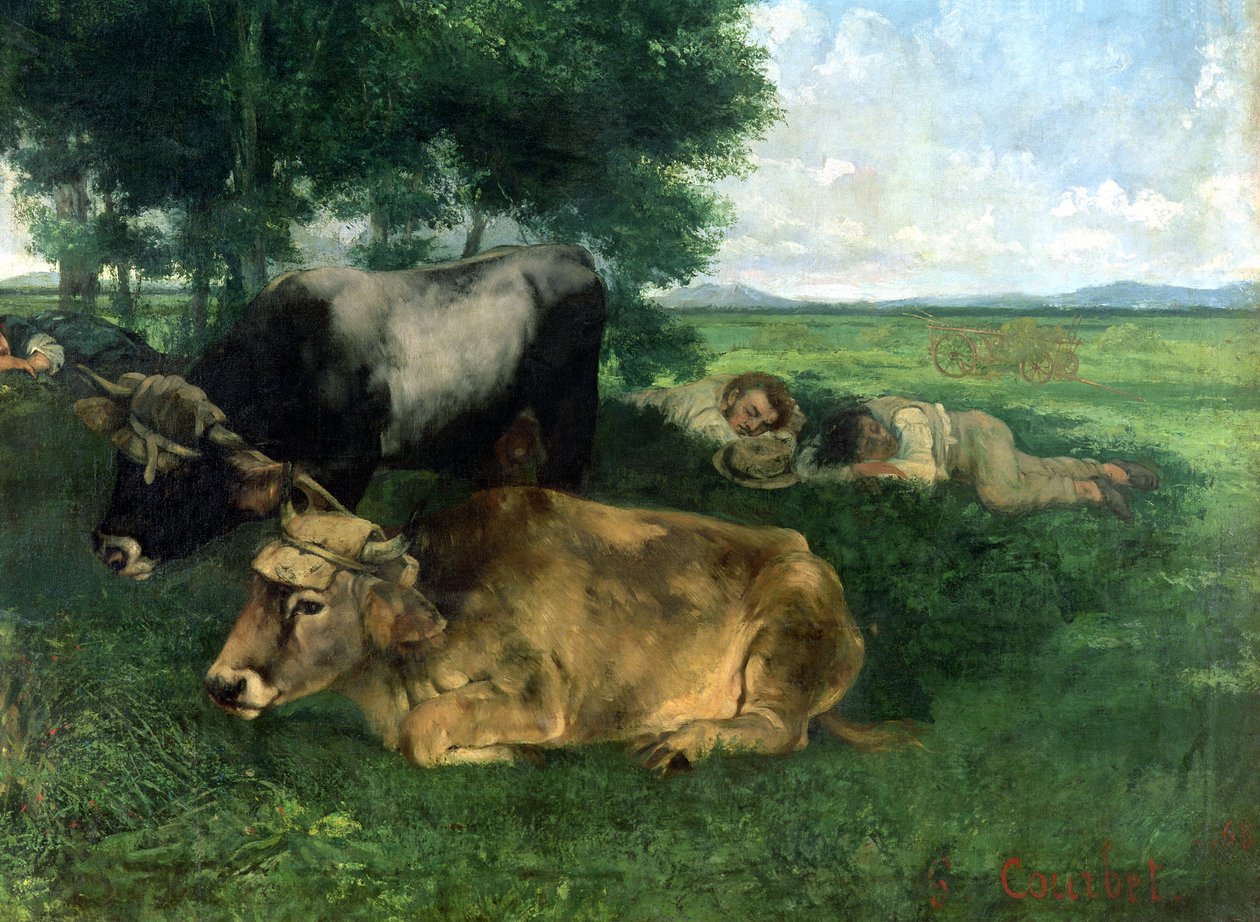 La Siesta Pendant la saison des foins (ja yksityiskohta puun alla nukkuvista eläimistä), 1867, tekijältä Gustave Courbet