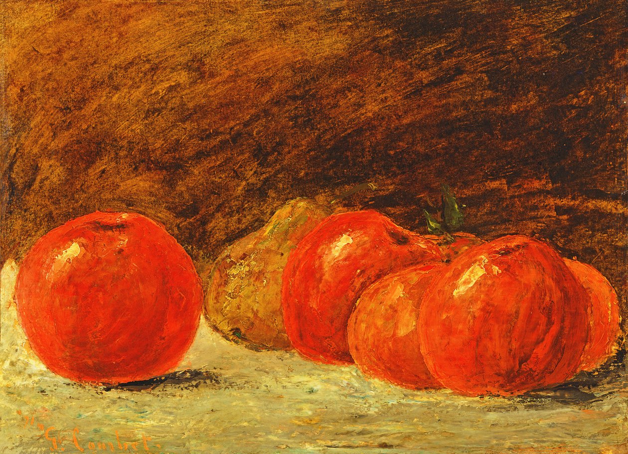 Asetelma omenoiden kanssa (öljy paperille asetettu kankaalle) tekijältä Gustave Courbet