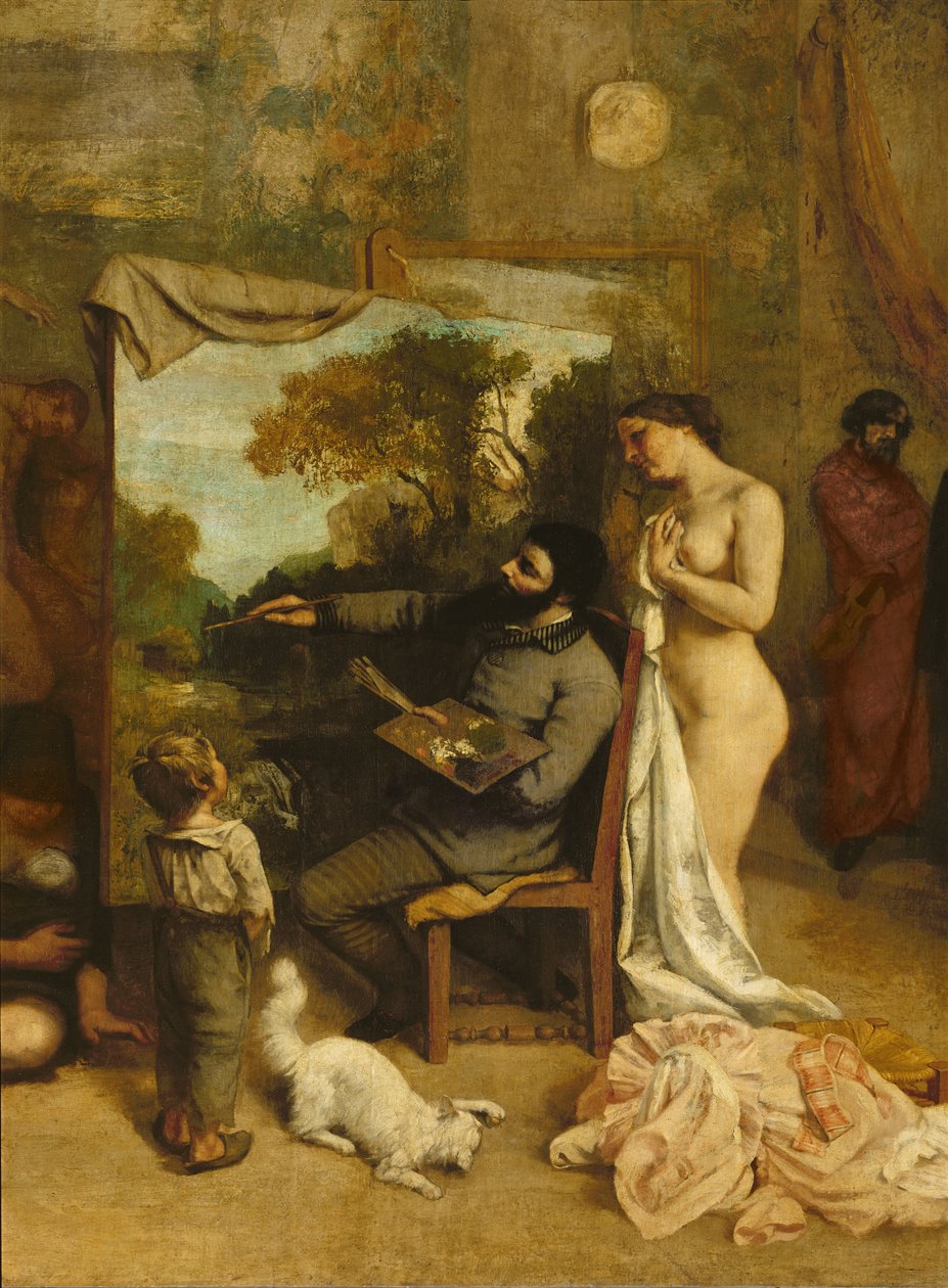 Taiteilijan ateljee, todellinen allegoria, yksityiskohta maalarista ja hänen mallistaan, 1854-55. tekijältä Gustave Courbet