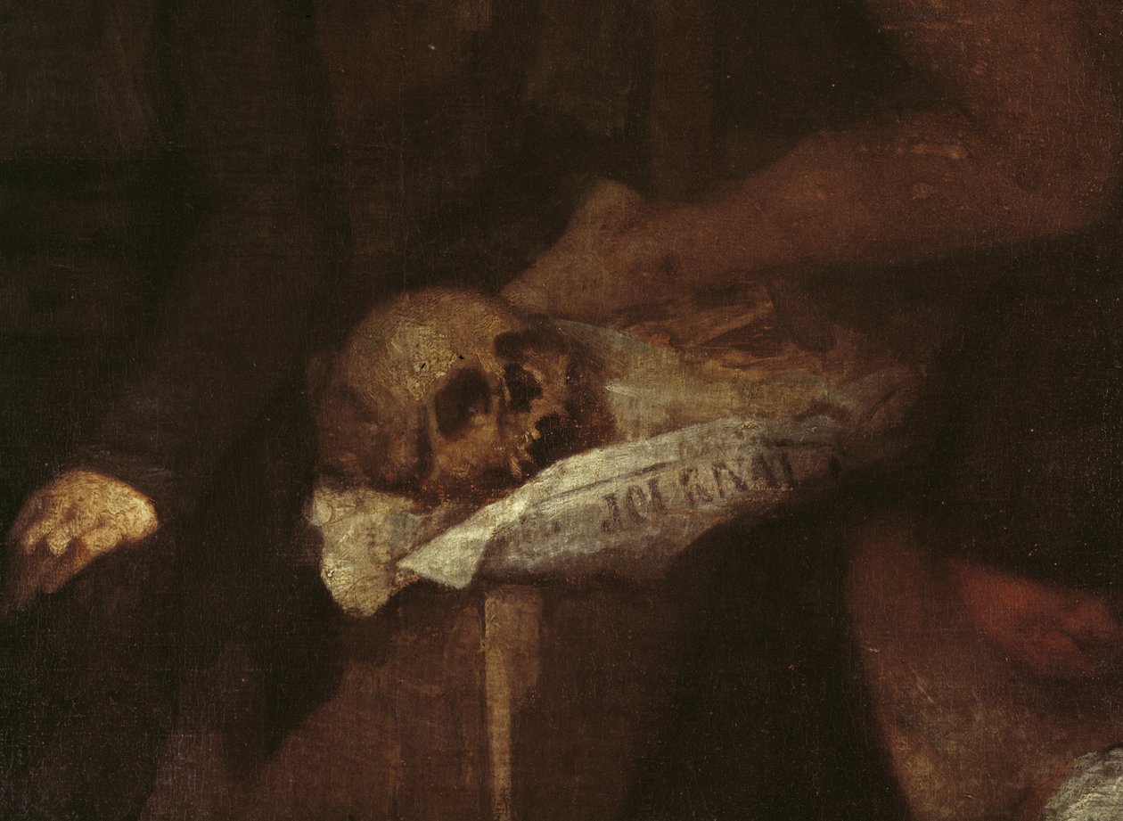 Taiteilijastudion yksityiskohta kallosta, joka lepää joissakin sanomalehdissä, 1854-1855 öljy kankaalle tekijältä Gustave Courbet