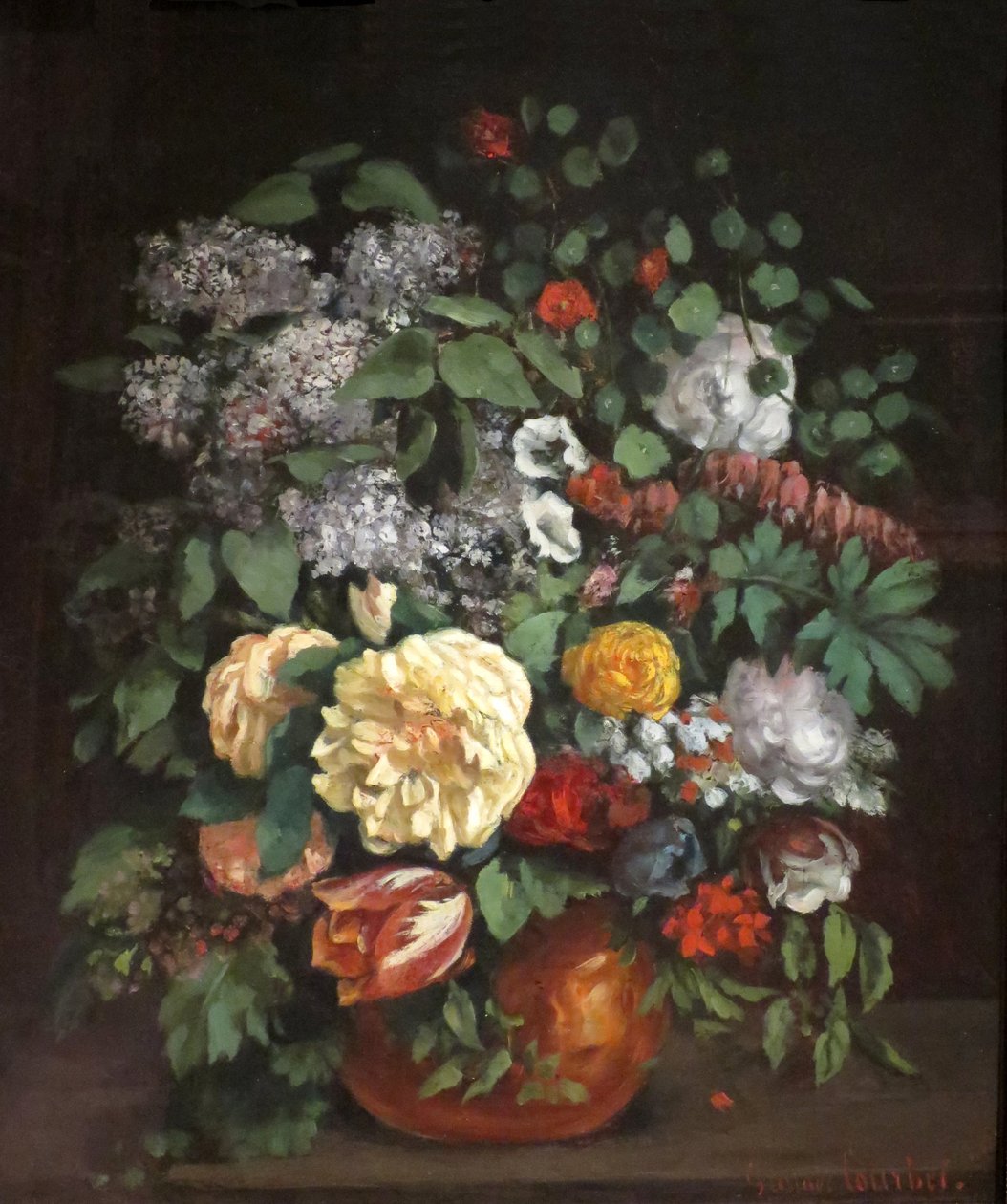 Maljakko liljoja, ruusuja ja tulppaaneja tekijältä Gustave Courbet