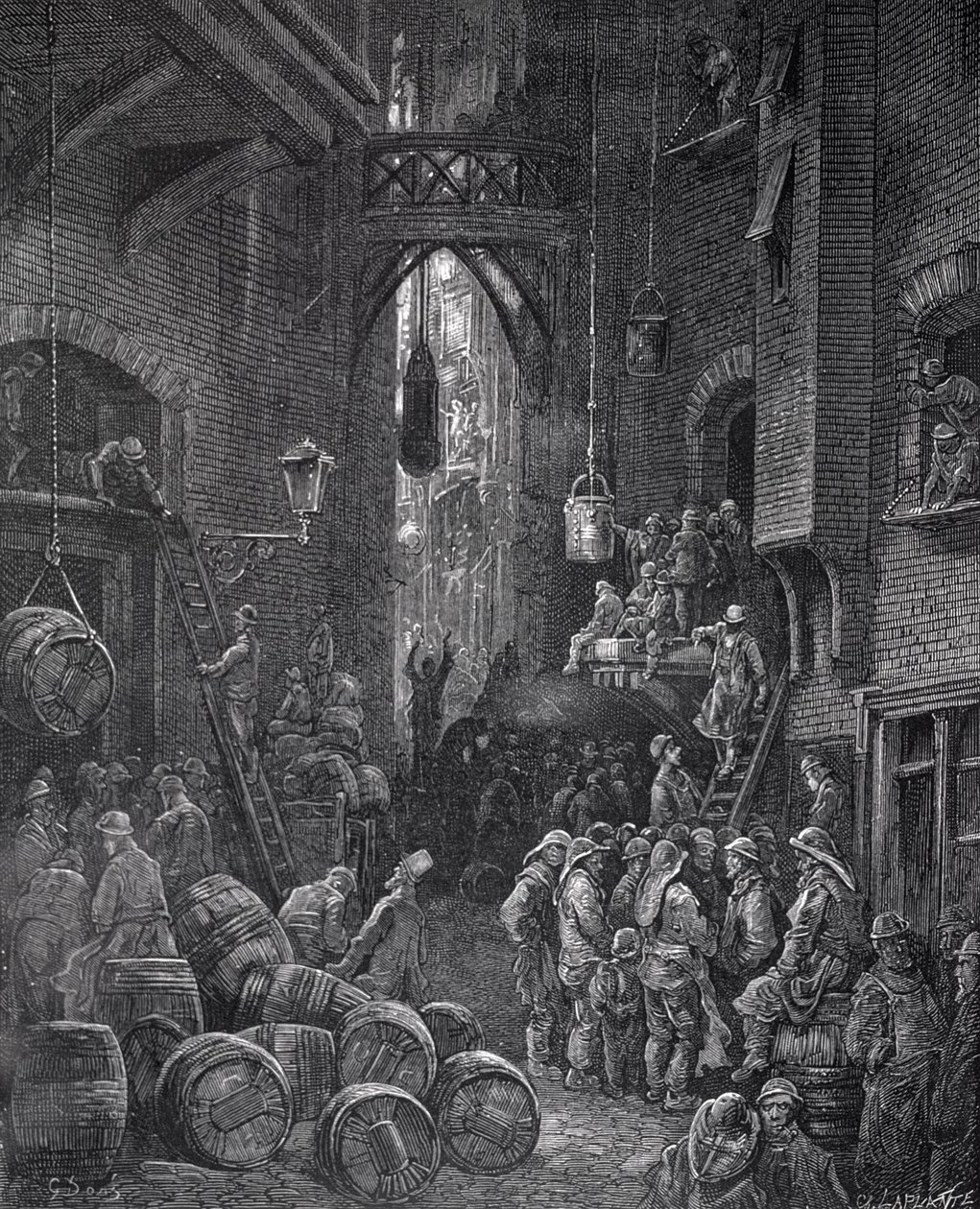 Riverside Street, "Lontoo, pyhiinvaellus", kirjoittanut William Blanchard Jerrold (1826-84), kaiverrus Charles Leplante (k.1903), pub. 1872 tekijältä Gustave Dore