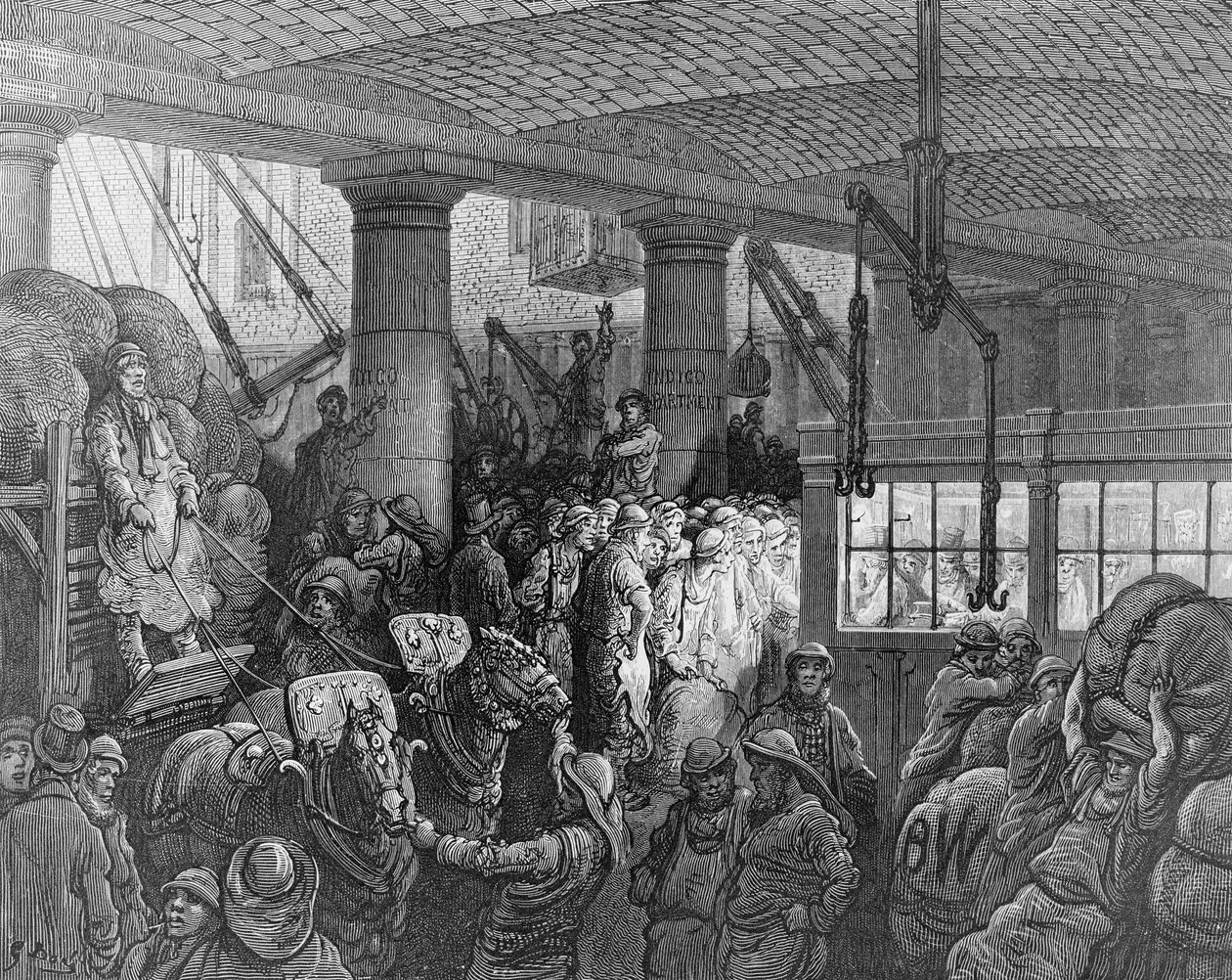 Riverside Street, "Lontoo, pyhiinvaellus", kirjoittanut William Blanchard Jerrold (1826-84) ja kaivertanut Charles Laplante (k.1903) pub. 1872 tekijältä Gustave Dore