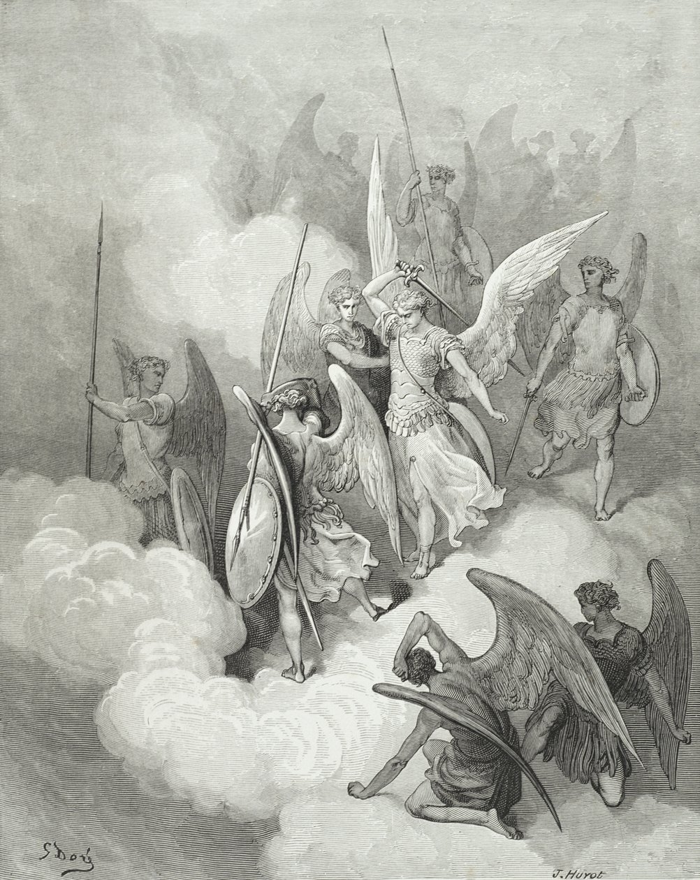 Abdiel ja Saatana, John Miltonin (1608-74) "Kadonnut paratiisista", Huyotin kaiverrus, n. 1868 tekijältä Gustave Dore