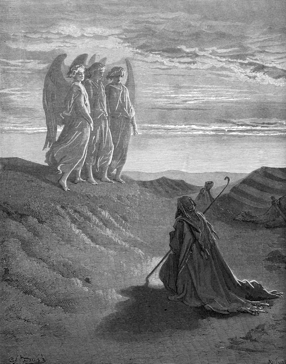 Abraham ja kolme enkeliä, kaiverrus Dorén. - Raamattu tekijältä Gustave Dore