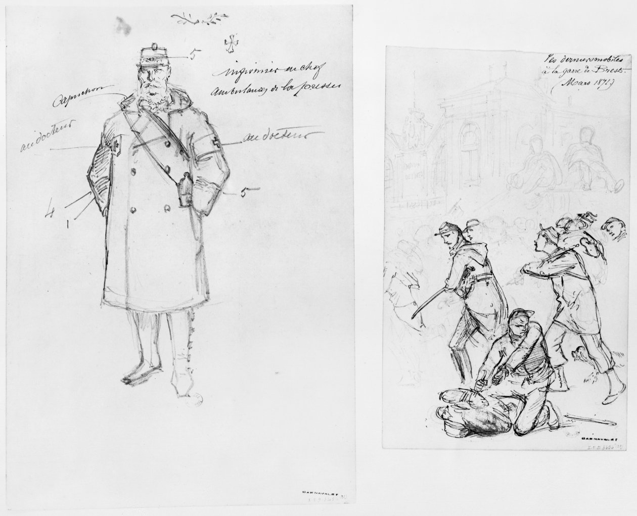 Albumi Pariisin piirityksestä, Ambulanssimies, viimeiset joukot Brestin asemalla, 1871 (kynä ja ruskea mustepesu ja kynä paperille) tekijältä Gustave Dore
