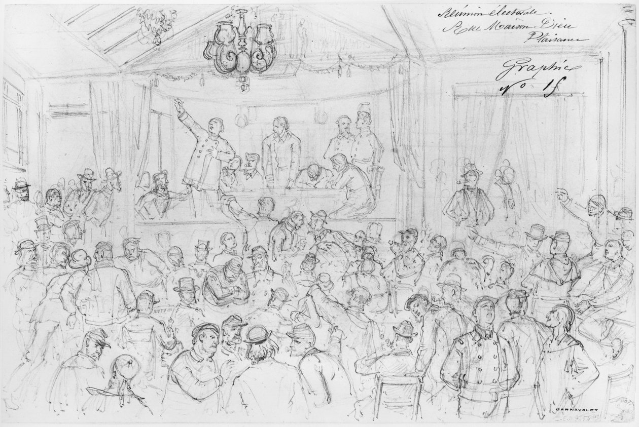 Albumi Pariisin piirityksestä, vaalikokous rue Maison Dieu, Plaisance (kynä ja ruskea mustepesu ja kynä paperille) tekijältä Gustave Dore