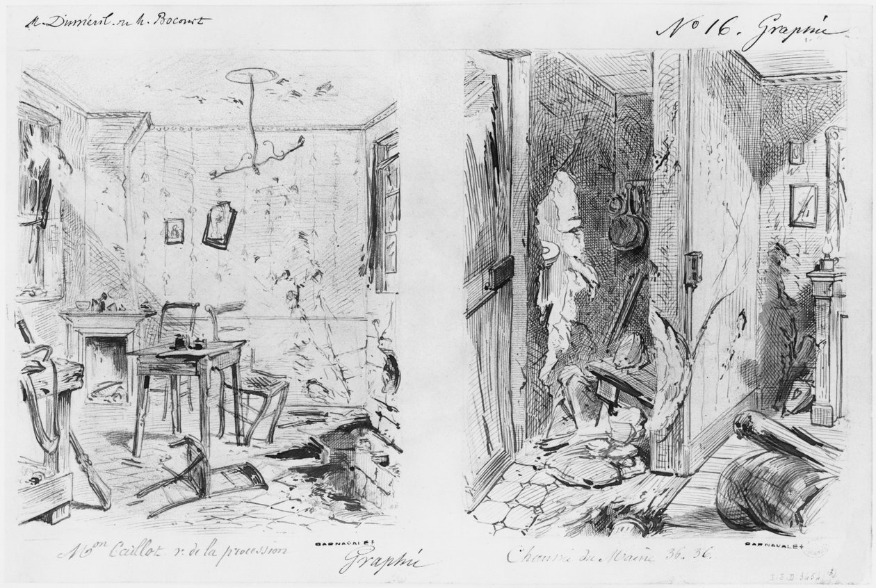 Pariisin piirityksen albumi, Maison Caillot rue de la Procession, Chaussee du Maine (kynä ja ruskea mustepesu ja kynä paperille) tekijältä Gustave Dore