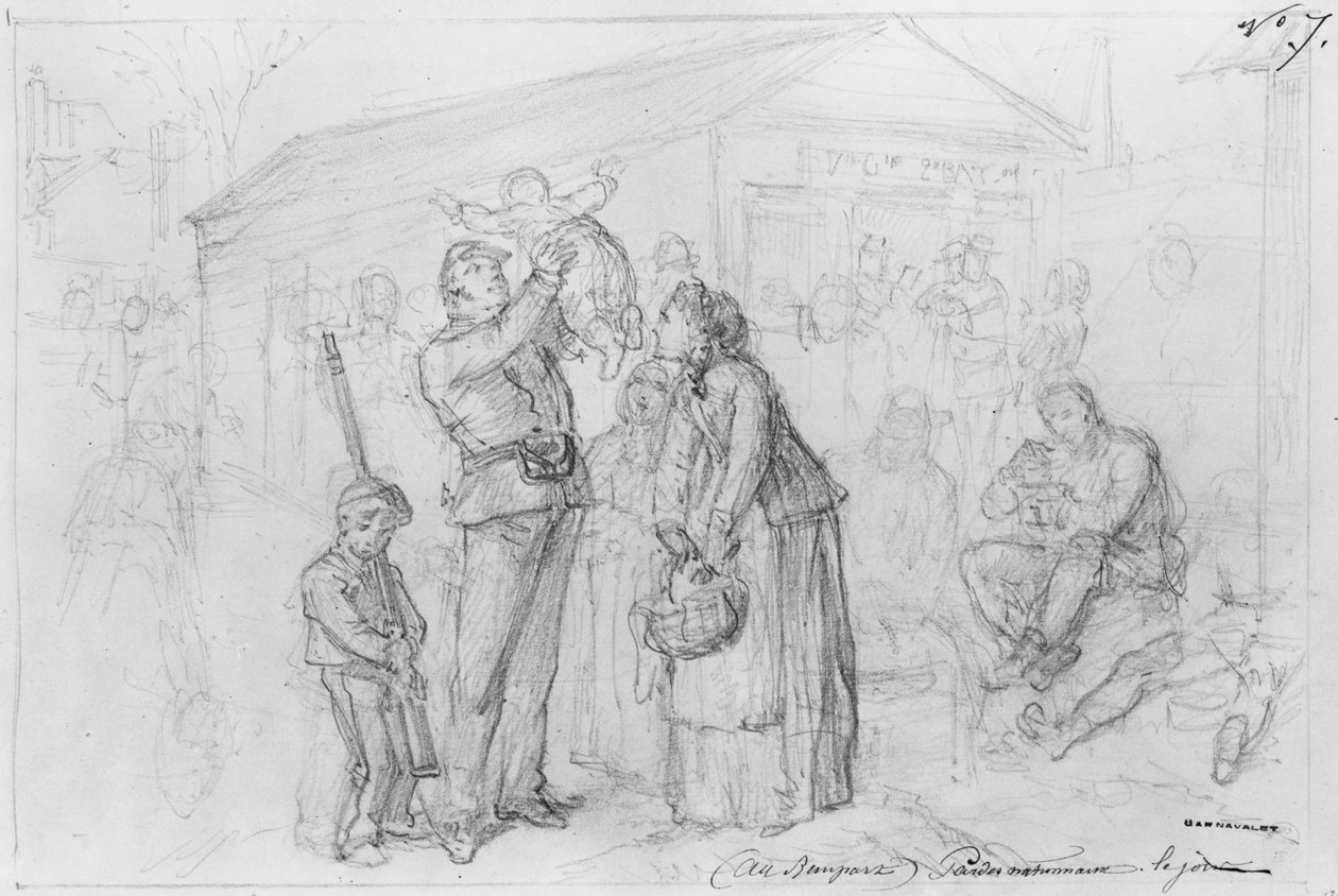 Albumi Pariisin piirityksestä, Kansalliskaarti valleilla päivällä (kynä ja ruskea tussi ja lyijykynä paperille) tekijältä Gustave Dore