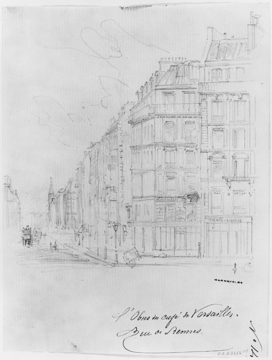 Pariisin piirityksen albumi, Cafe de Versaillesin kuori, rue de Rennes (kynä ja ruskea mustepesu ja kynä paperille) tekijältä Gustave Dore