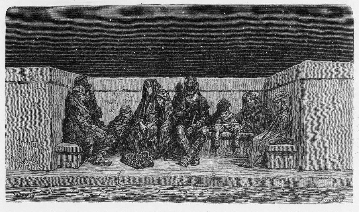 Sleep Under the Stars, kuvitus teoksesta "Lontoo, a Pilgrimage", 1872 tekijältä Gustave Dore