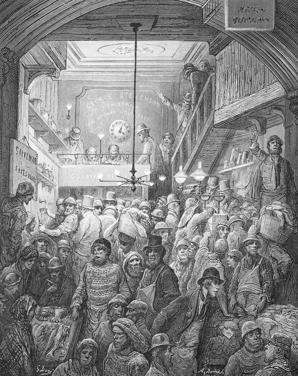 Billingsgate - Early Morning, "Lontoo, pyhiinvaellus", kirjoittanut William Blanchard Jerrold (1826-94), kaivertanut A. Doms, pub. 1872 tekijältä Gustave Dore