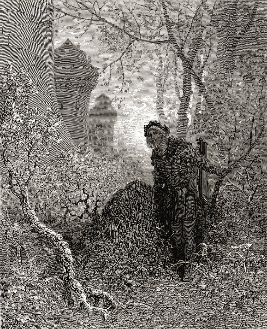 Blondel kuulee Richardin (1157-99) Leijonasydämen äänen, kuvituksen J-F:n Bibliotheque des Croisadesista. Michaud, 1877 tekijältä Gustave Dore