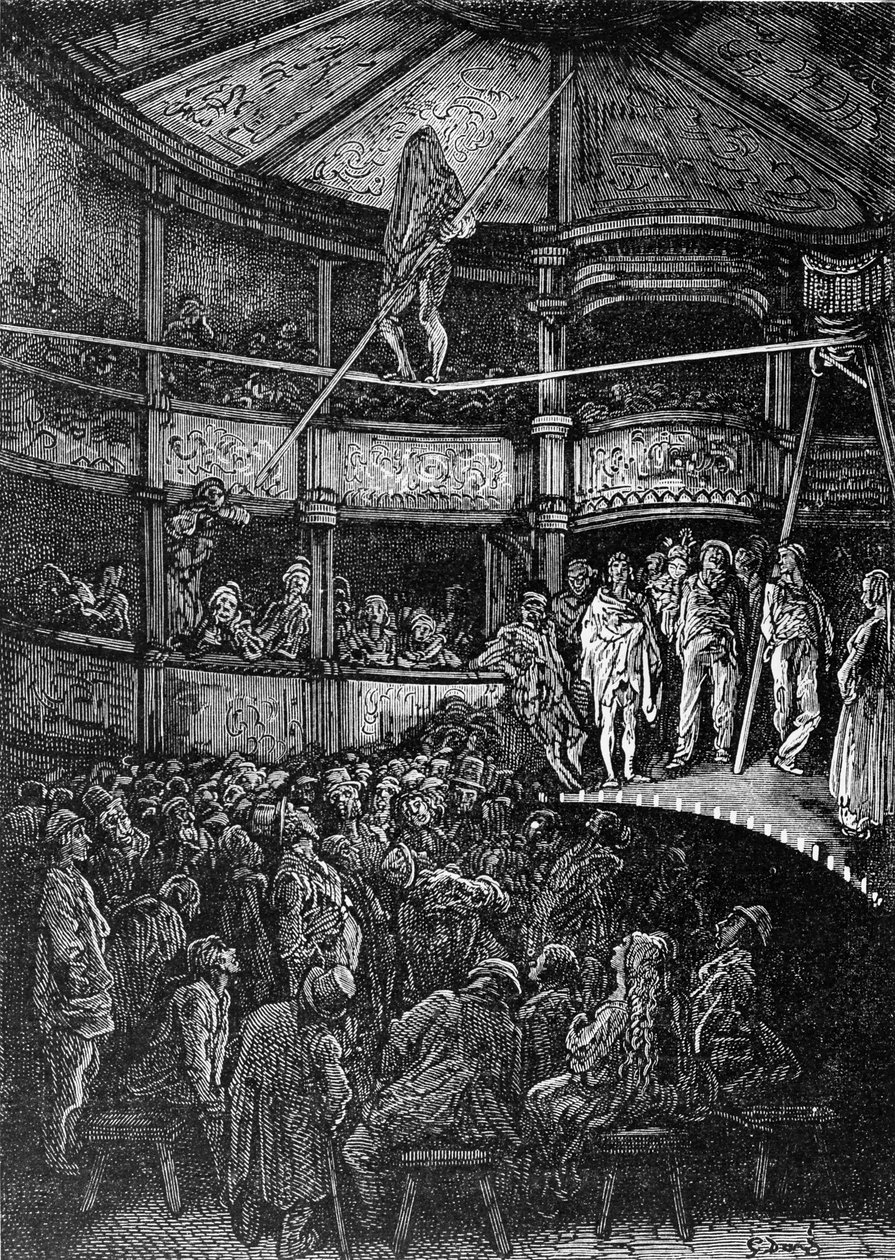 Blondin at Shoreditch, "Lontoo, pyhiinvaellus", kirjoittanut William Blanchard Jerrold (1826-94) ja kaivertanut Gauchard, pubi. 1872 tekijältä Gustave Dore