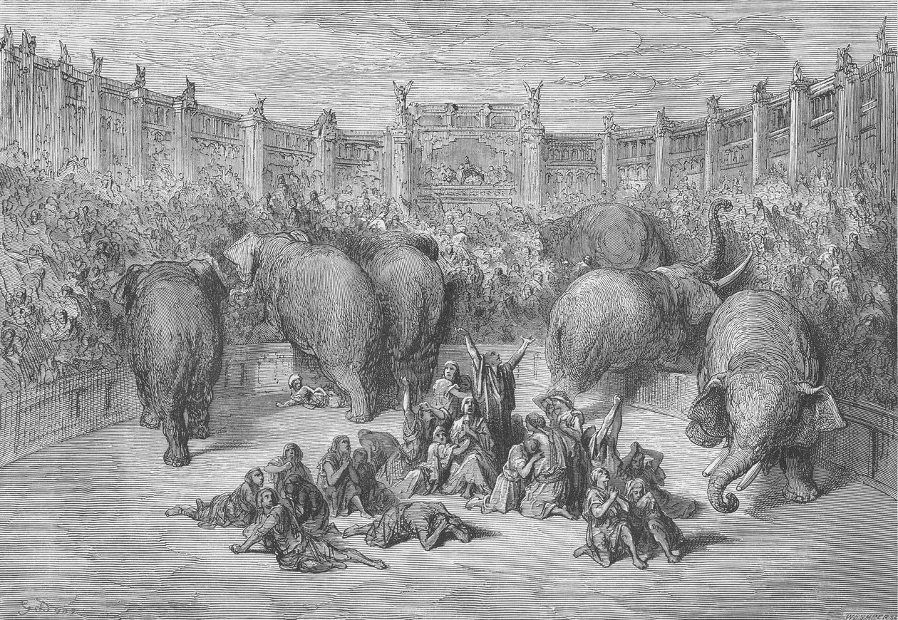 Vangittuja juutalaisia Aleksandrian hippodromissa, kaiverrus Josiah Wood Whymper (1813-1903) tekijältä Gustave Dore