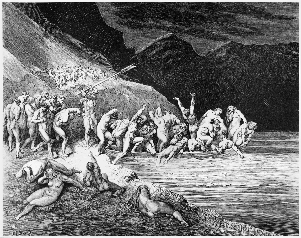 Charon, kuvitus Dante Alighierin (1265-1321) Pariisin jumalallisesta komediasta (Inferno), julkaistu 1885 tekijältä Gustave Dore