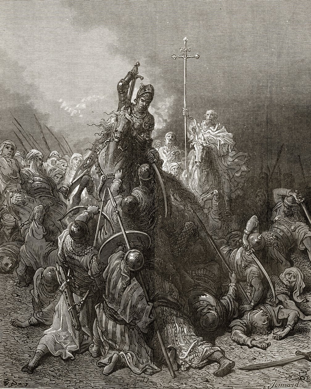 Christian Knights taistelee saraseeneja vastaan, kuvitus J-F:n Bibliotheque des Croisadesista. Michaud, 1877 tekijältä Gustave Dore