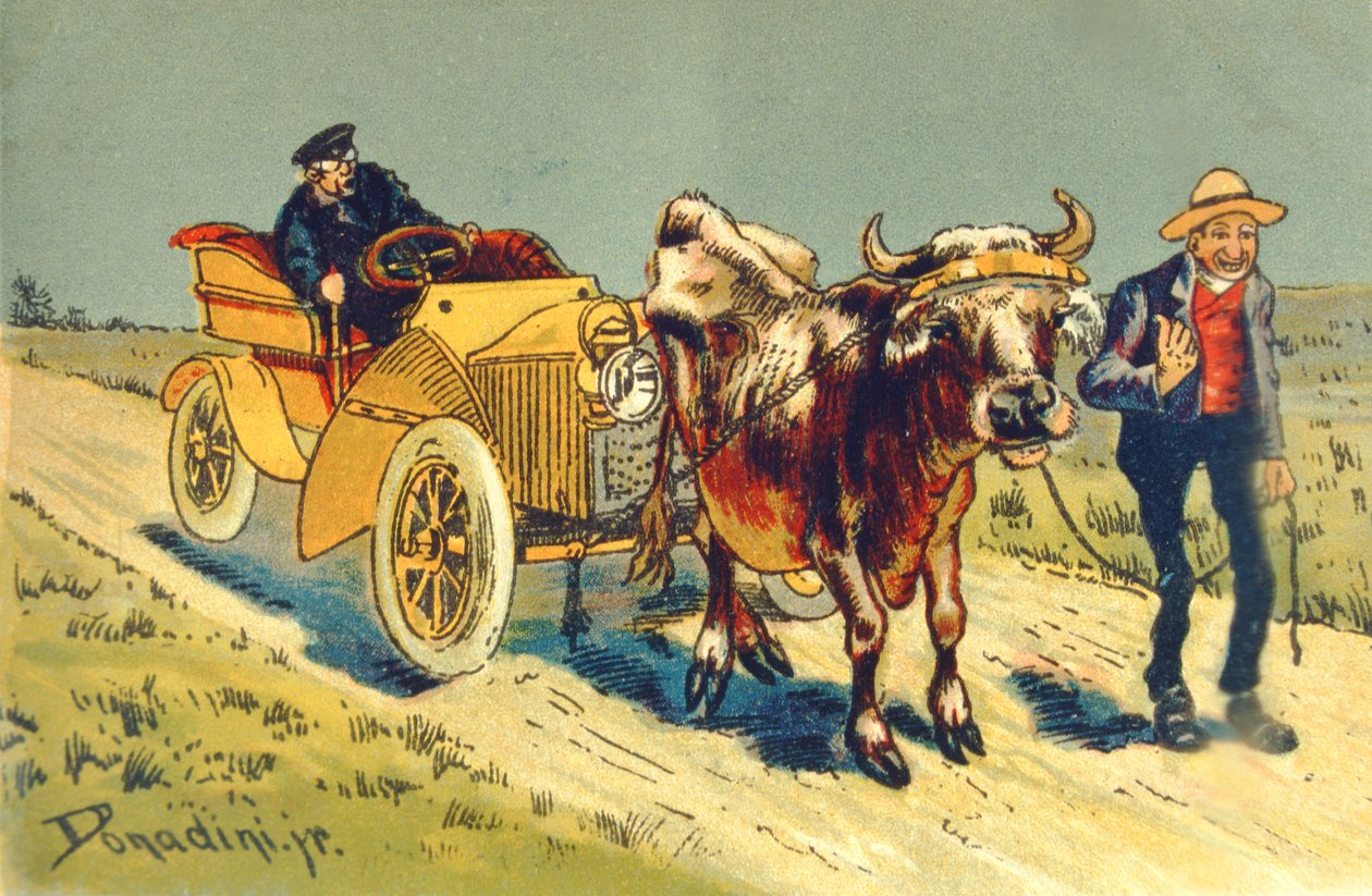 Lehmä vetää autoa - vika autoilun alkuaikoina tekijältä Gustave Dore