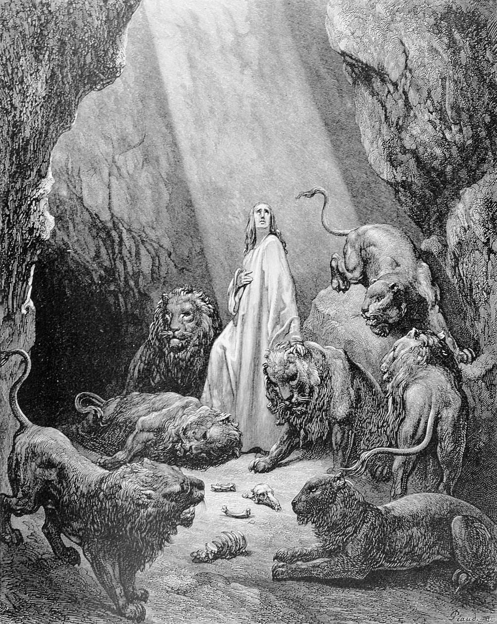 Daniel leijonien luolassa, kaiverrus Antoine Alphee Piaud, n. 1868 tekijältä Gustave Dore