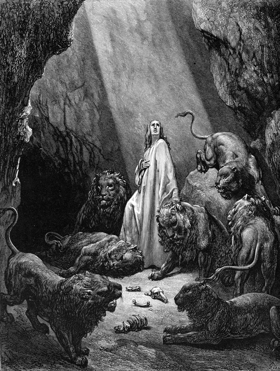 Daniel leijonan luolassa, kaiverrus Dorén. - Raamattu tekijältä Gustave Dore