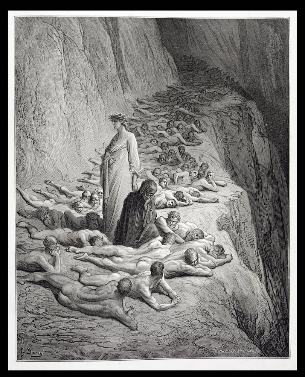Dante ja paavi Adrian V, Dante Alighierin (1265-1321) jumalallisesta komediasta (Purgatorio), kaiverrus Stephane Pannemaker (1847-1930) n. 1868 tekijältä Gustave Dore